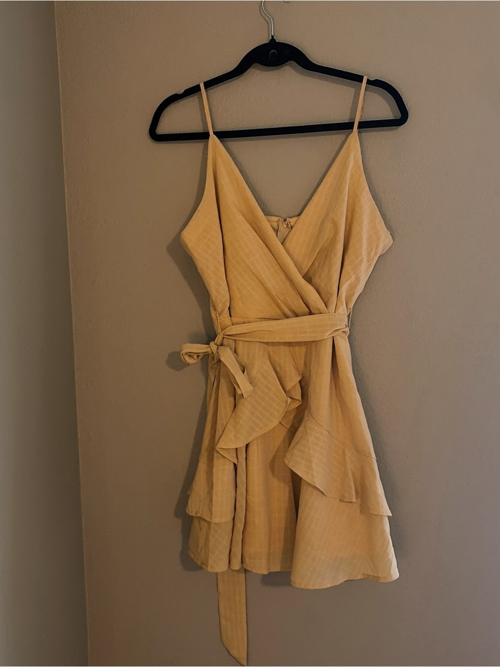 Yellow Wrap Ruffle Spaghetti Strap Dress- purchased from Francesca’s
